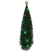 Albero di Natale verde a forma conica con luci LED multicolor e stella dorata sulla cima su sfondo bianco.