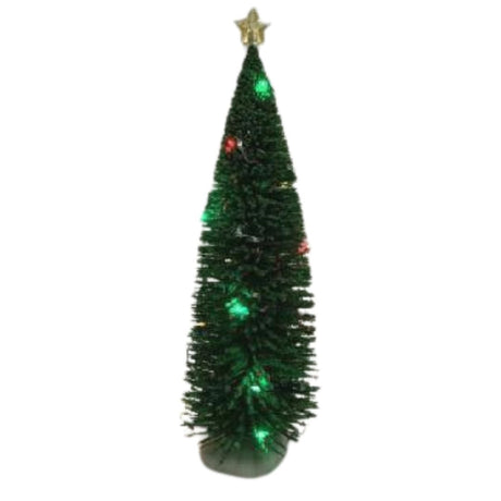 Albero di Natale verde a forma conica con luci LED multicolor e stella dorata sulla cima su sfondo bianco.