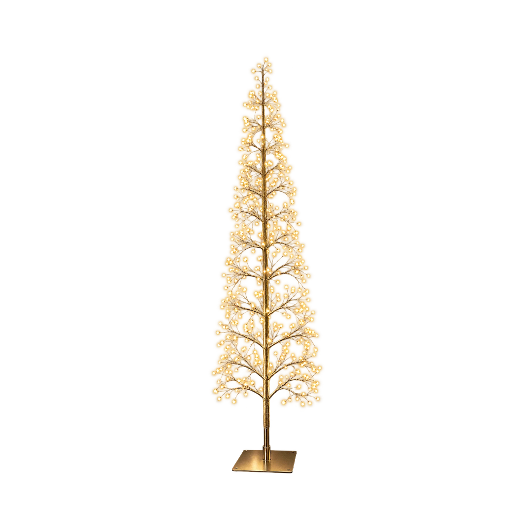 Albero natalizio luminoso Garden Team da 210 cm con rami dorati, LED bianco caldo con flash e base quadrata in metallo