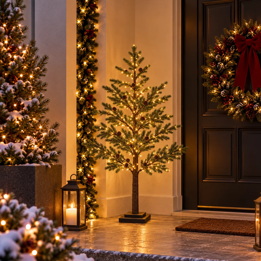 Albero luminoso verde con pigne e LED bianco caldo, ambientato all'ingresso di casa tra ghirlande e decorazioni natalizie