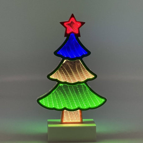 Decorazione luminosa natalizia a forma di albero di Natale multicolore con stella rossa ed effetto ottico Infinity Light.