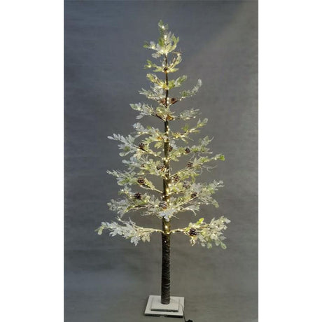 Albero di Natale innevato con luci LED bianco caldo e pigne decorative, base in legno quadrata alto 180 cm.