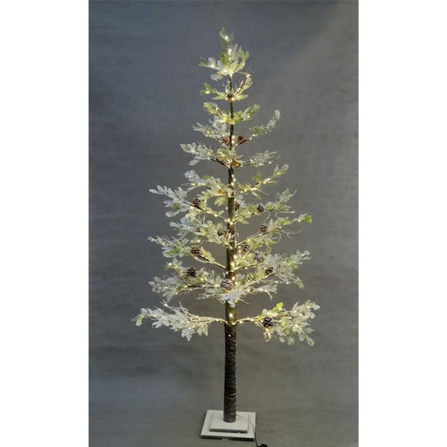 Albero di Natale innevato con luci LED bianco caldo e pigne decorative, base in legno quadrata alto 180 cm.