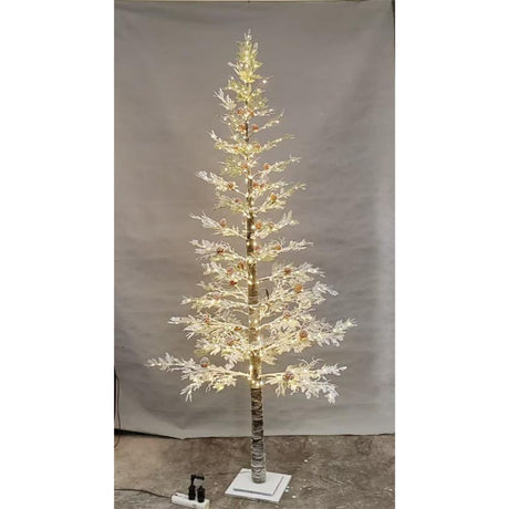 Albero di Natale innevato con luci LED bianco caldo e pigne decorative, base in legno quadrata alto 250cm.