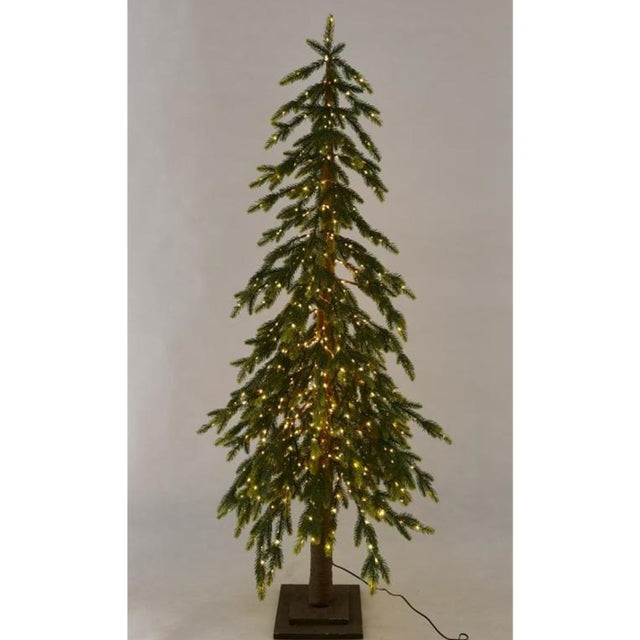 Albero di Natale artificiale verde con rami illuminati da luci LED calde, base in legno e forma slanciata alto 150cm.