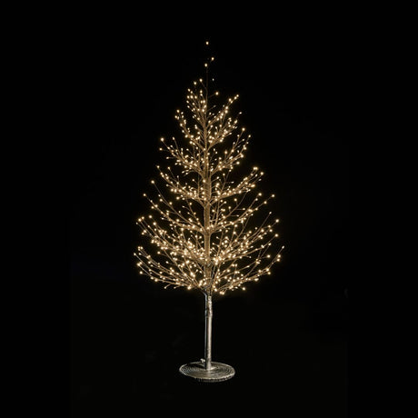Albero decorativo natalizio alto 150cm con rami sottili illuminato da micro LED bianco caldo su sfondo nero.