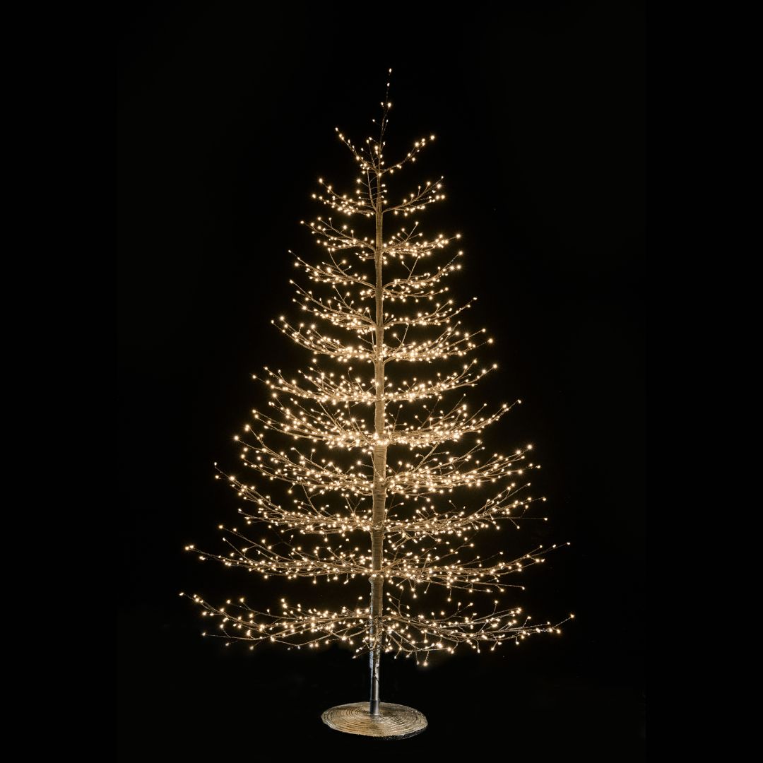 Albero decorativo natalizio alto 210cm con rami sottili illuminato da micro LED bianco caldo su sfondo nero.