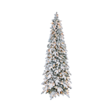 Albero di Natale innevato con rami folti e numerose luci calde integrate distribuite lungo tutta la chioma