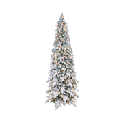 Albero di Natale innevato con rami folti e numerose luci calde integrate distribuite lungo tutta la chioma