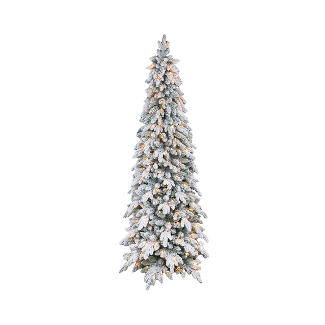 Albero di Natale innevato con rami folti e numerose luci calde integrate distribuite lungo tutta la chioma