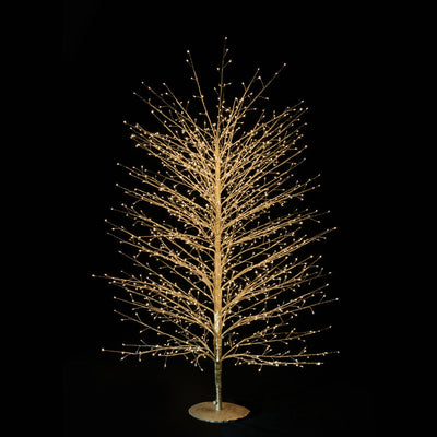 Albero decorativo natalizio dorato con rami sottili illuminato da micro LED bianco caldo su sfondo nero alto 150 cm.