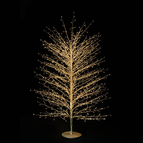 Albero decorativo natalizio dorato con rami sottili illuminato da micro LED bianco caldo su sfondo nero alto 150 cm.