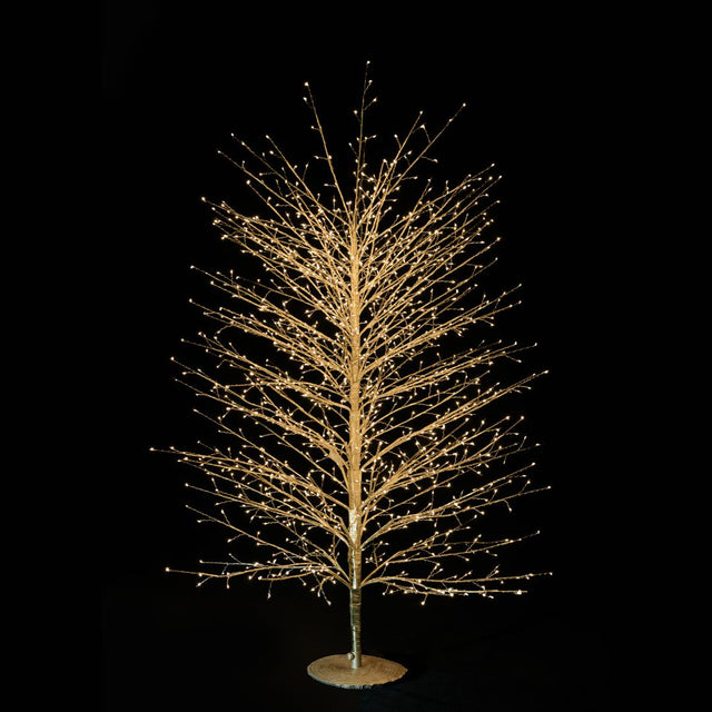 Albero decorativo natalizio dorato con rami sottili illuminato da micro LED bianco caldo su sfondo nero alto 150 cm.