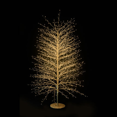 Albero decorativo natalizio dorato con rami sottili illuminato da micro LED bianco caldo su sfondo nero alto 180 cm.