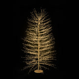 Albero decorativo natalizio dorato con rami sottili illuminato da micro LED bianco caldo su sfondo nero alto 210 cm.