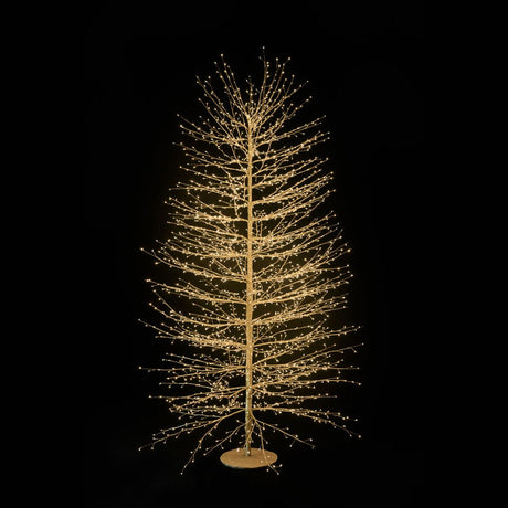 Albero decorativo natalizio dorato con rami sottili illuminato da micro LED bianco caldo su sfondo nero alto 210 cm.