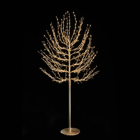 Albero decorativo natalizio dorato con rami luminosi e micro LED bianco caldo su sfondo nero alto 150cm.