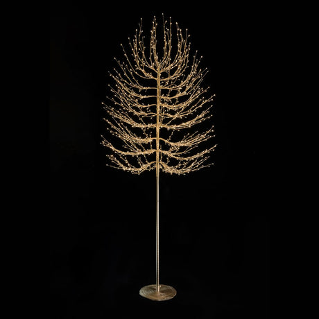 Albero decorativo natalizio dorato con rami luminosi e micro LED bianco caldo su sfondo nero alto 180cm.