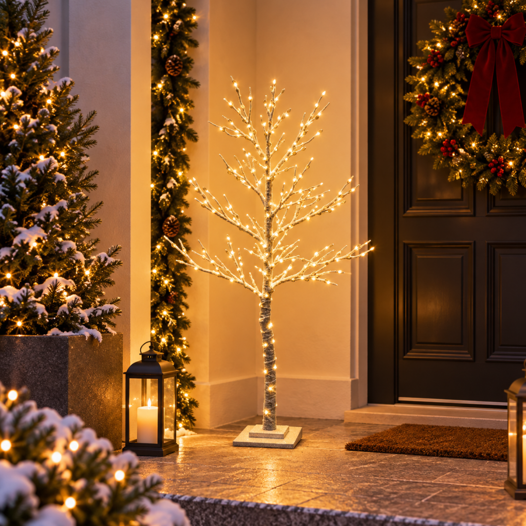 Albero spoglio innevato da 120 cm con LED bianco caldo, ambientato vicino alla porta d'ingresso con ghirlande e lanterne