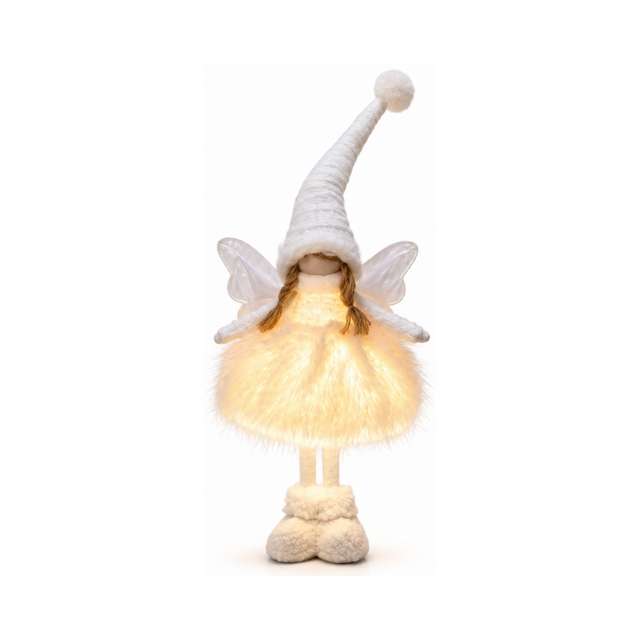 Angelo natalizio decorativo bianco illuminato con cappello, ali trasparenti e morbidi stivaletti