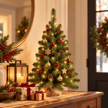 Albero di Natale da tavolo Arizona ambientato in una scena natalizia