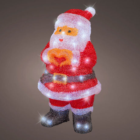 Babbo Natale decorativo in acrilico con vestito rosso su fondo scuro.