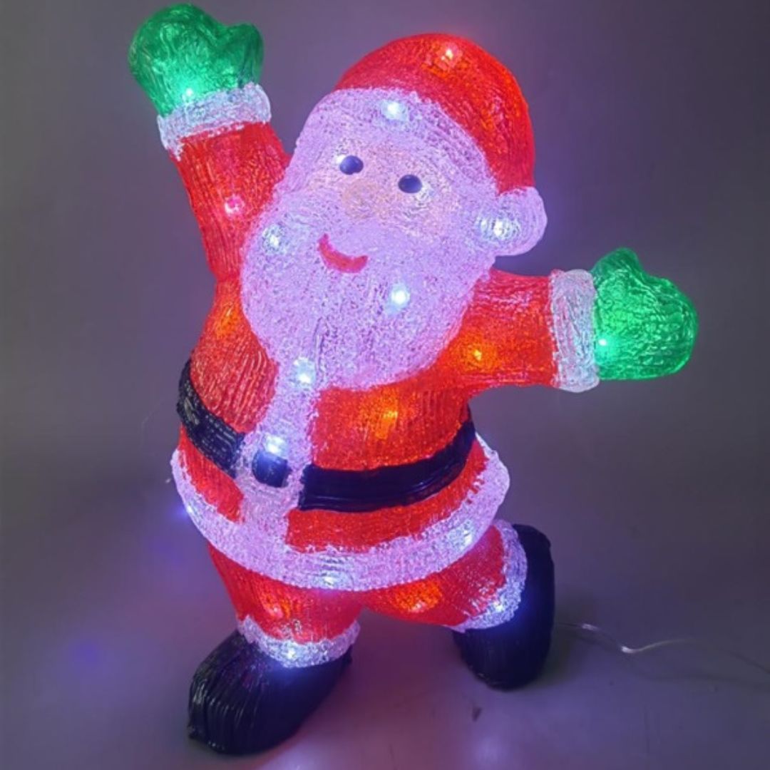 Figura natalizia luminosa raffigurante Babbo Natale in posa festosa con le braccia alzate, illuminata da LED.