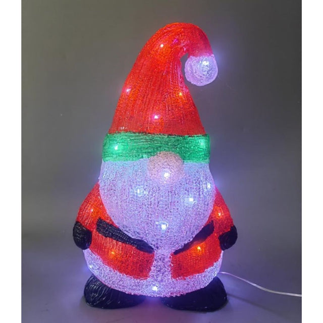Figura natalizia luminosa raffigurante Babbo Natale gnomo con cappello rosso e cintura nera, illuminata da LED.