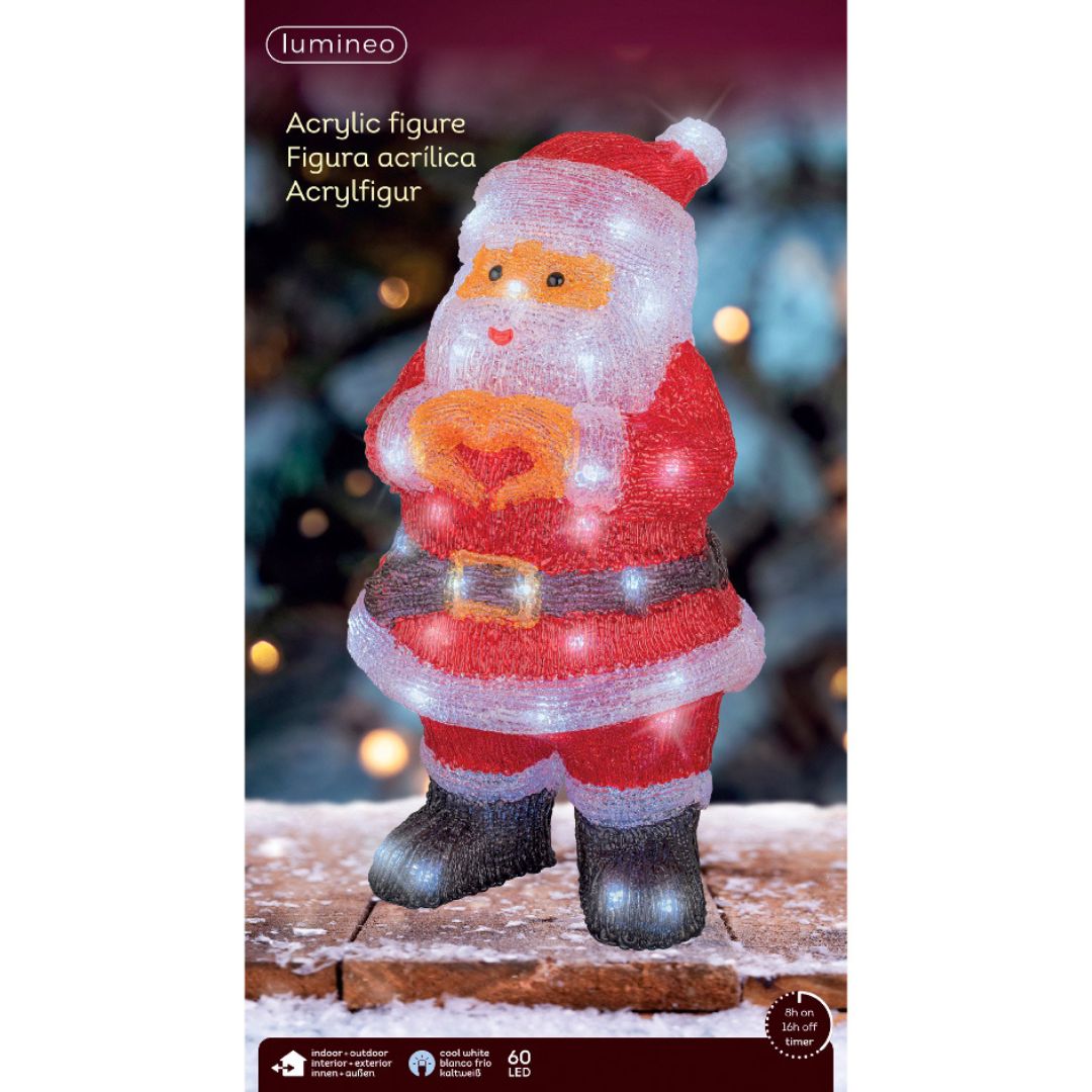 Confezione della figura acrilica Lumineo a forma di Babbo Natale con 60 LED a luce fredda.