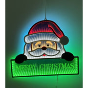 Decorazione luminosa natalizia raffigurante Babbo Natale con scritta verde Merry Christmas ed effetto ottico Infinity Light.