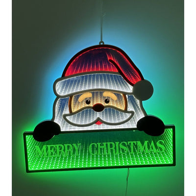 Decorazione luminosa natalizia raffigurante Babbo Natale con scritta verde Merry Christmas ed effetto ottico Infinity Light.