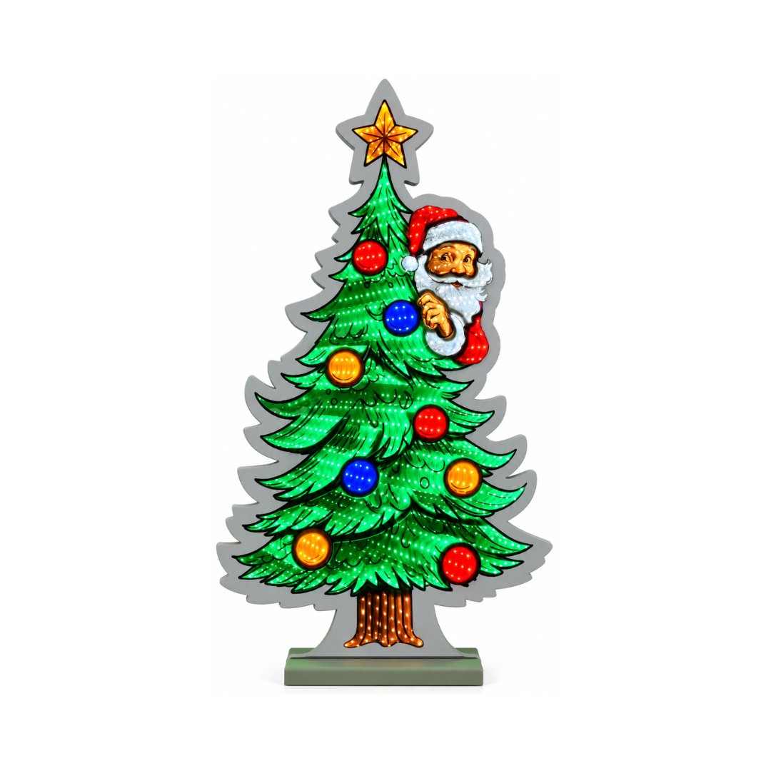 Decorazione luminosa a forma di albero di Natale verde con palline colorate, stella dorata e Babbo Natale che fa capolino tra i rami