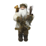 Figura decorativa di Babbo Natale in abiti invernali beige e marroni, con occhiali, barba bianca, sacco con orsacchiotto e fascina di rami in mano, alto 45cm.