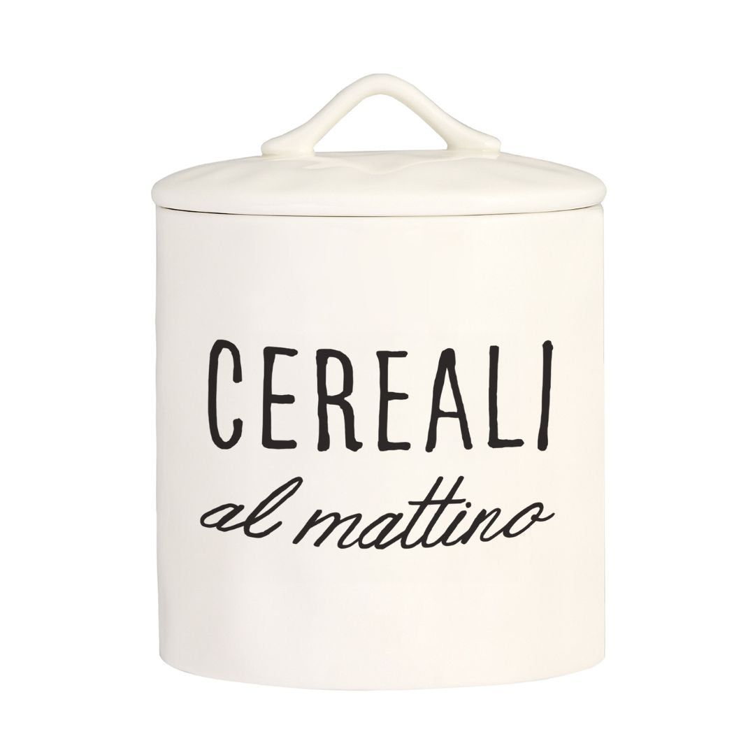 Barattolo bianco in grès con chiusura ermetica e scritta nera "Cereali al mattino".