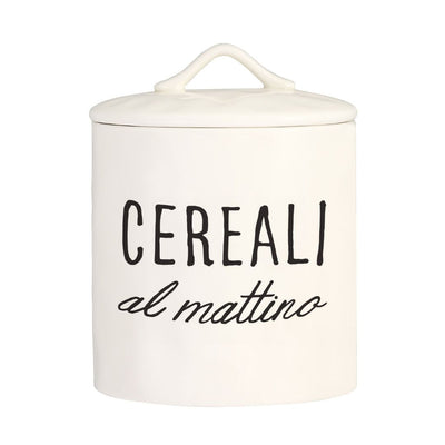 Barattolo bianco in grès con chiusura ermetica e scritta nera "Cereali al mattino".