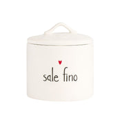 Barattolo in grès con tappo ermetico e decoro con cuoricino rosso e scritta "sale fino" in nero.