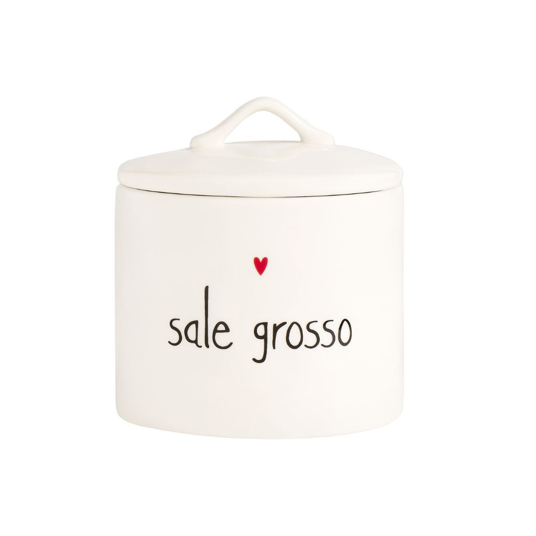 Barattolo in grès con tappo ermetico e decoro con cuoricino rosso e scritta "sale grosso" in nero.