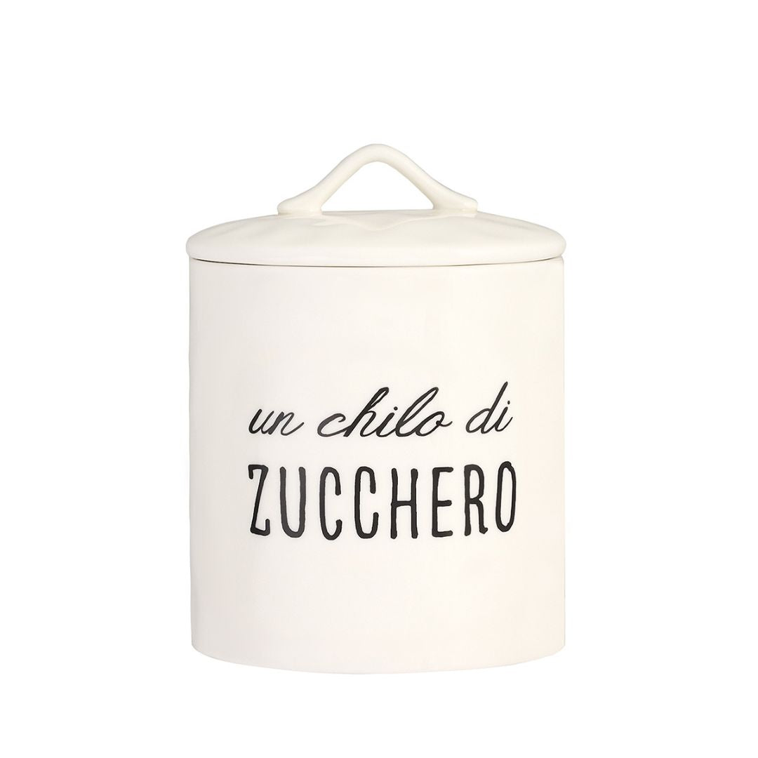 Barattolo in grès con tappo ermetico e scritta "un chilo di zucchero" in nero.