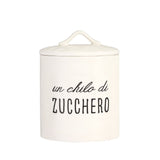 Barattolo in grès con tappo ermetico e scritta "un chilo di zucchero" in nero.