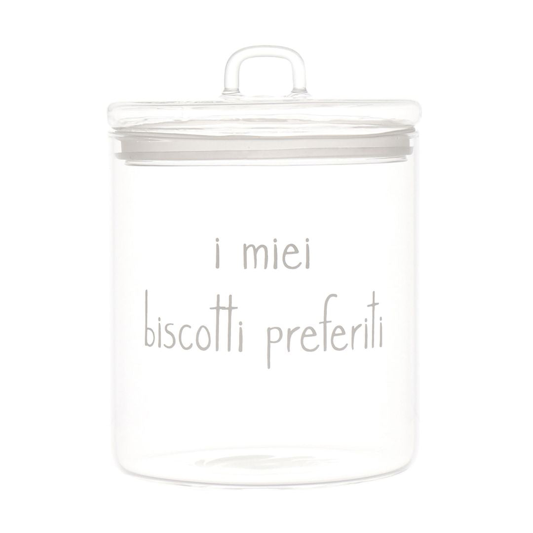 Barattolo in vetro borosilicato con chiusura ermetica e scritta bianca "i miei biscotti preferiti".