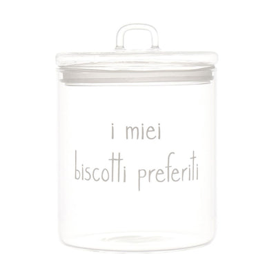 Barattolo in vetro borosilicato con chiusura ermetica e scritta bianca "i miei biscotti preferiti".