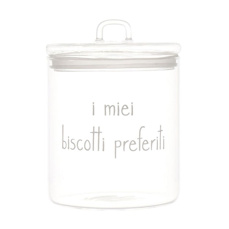 Barattolo in vetro borosilicato con chiusura ermetica e scritta bianca "i miei biscotti preferiti".