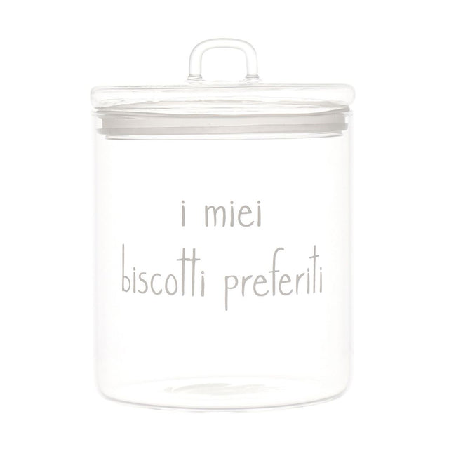Barattolo in vetro borosilicato con chiusura ermetica e scritta bianca "i miei biscotti preferiti".
