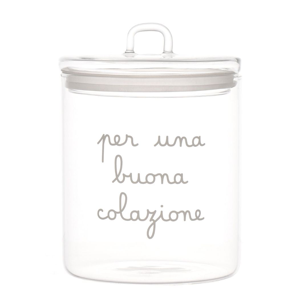 Barattolo in vetro borosilicato con chiusura ermetica e scritta bianca "per una buona colazione".