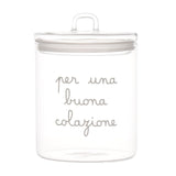 Barattolo in vetro borosilicato con chiusura ermetica e scritta bianca "per una buona colazione".