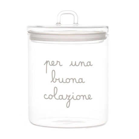 Barattolo in vetro borosilicato con chiusura ermetica e scritta bianca "per una buona colazione".