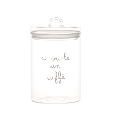 Barattolo in vetro borosilicato con scritta bianca "ci vuole un caffè".