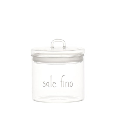 Barattolo in vetro borosilicato ermetico con scritta "sale fino" in bianco.