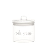 Barattolo in vetro borosilicato ermetico con scritta "sale grosso" in bianco.