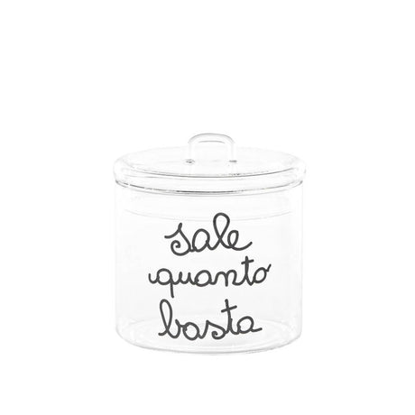 Barattolo in vetro borosilicato ermetico con scritta "sale quanto basta" in nero.